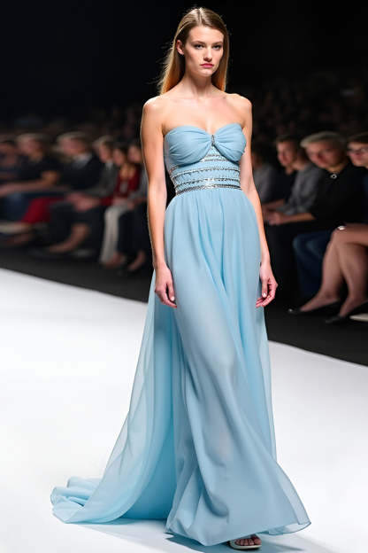 Grey Blue A Line Strapless Corset Long Formal Dress