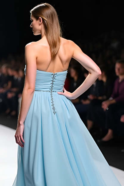 Grey Blue A Line Strapless Corset Long Formal Dress
