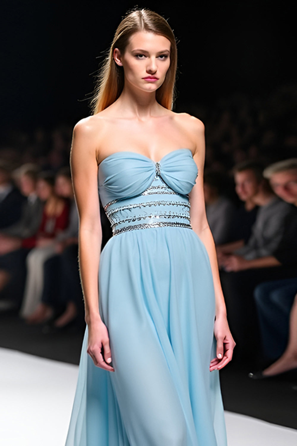 Grey Blue A Line Strapless Corset Long Formal Dress