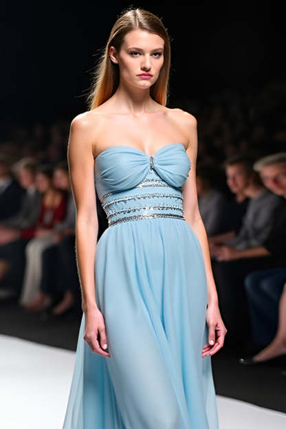 Grey Blue A Line Strapless Corset Long Formal Dress