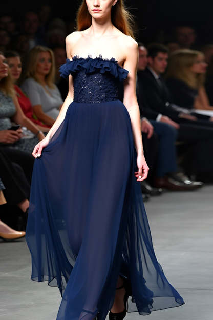 Leely Women Sparkly Navy Strapless A Line Gala Dress with Ruffles Sequined Backless Tulle Long Formal Dress