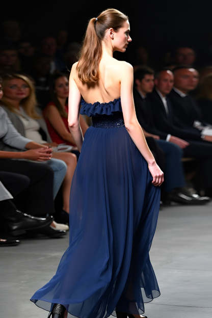 Navy Strapless A Line Sequined Long Formal Dress with Ruffles