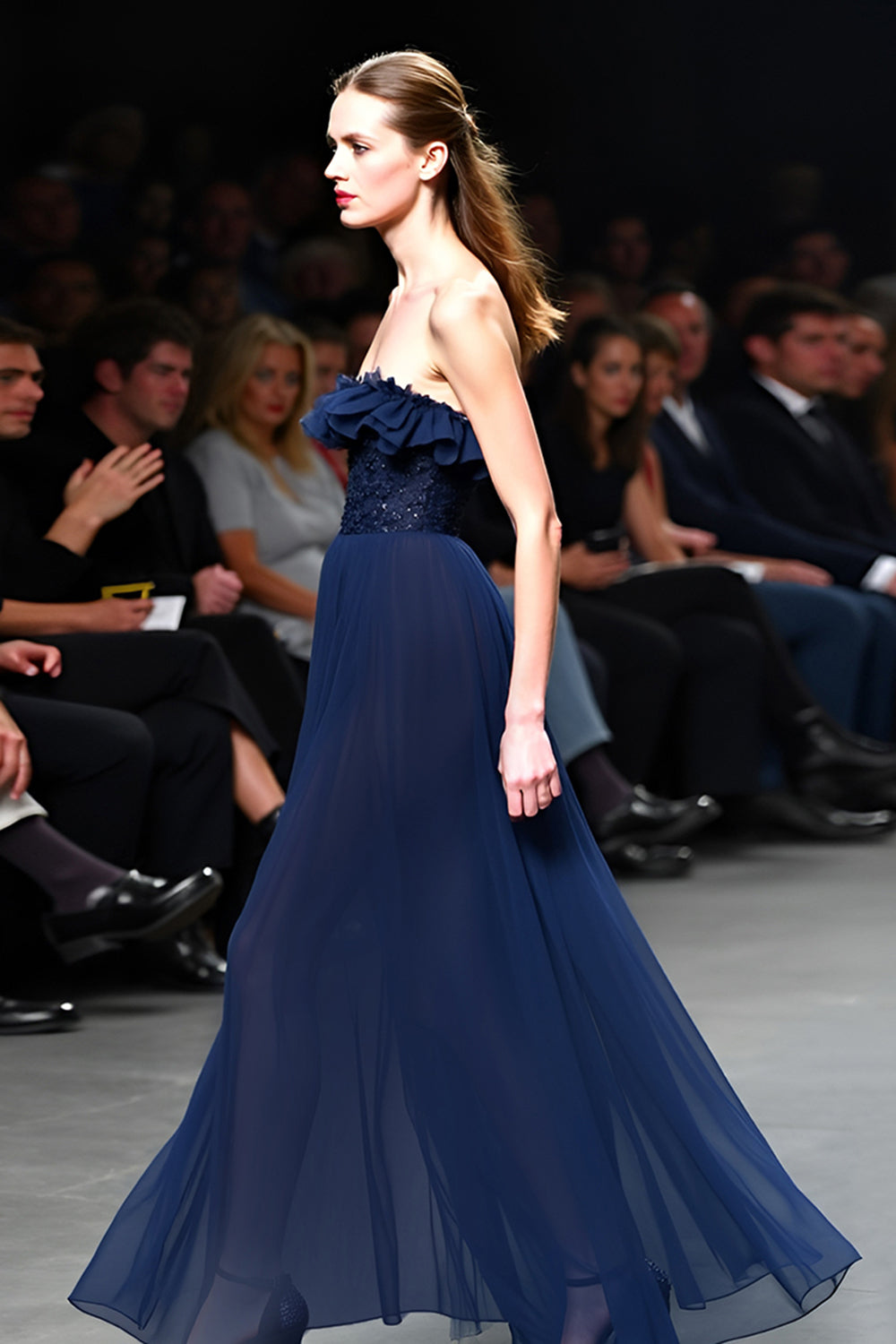Navy Strapless A Line Sequined Long Formal Dress with Ruffles