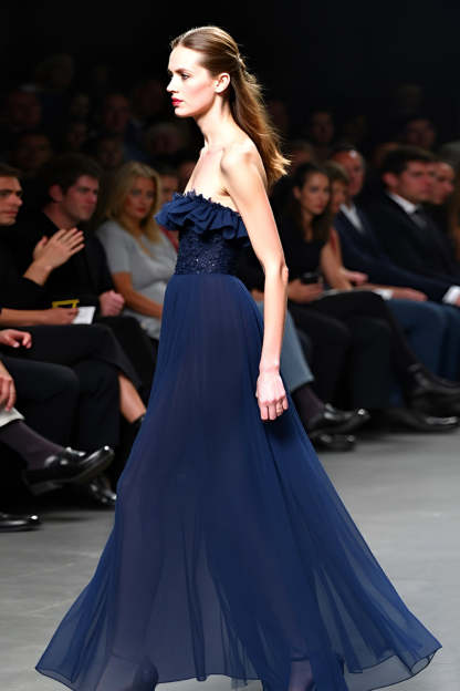 Navy Strapless A Line Sequined Long Formal Dress with Ruffles
