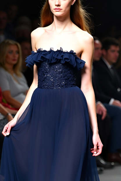 Navy Strapless A Line Sequined Long Formal Dress with Ruffles