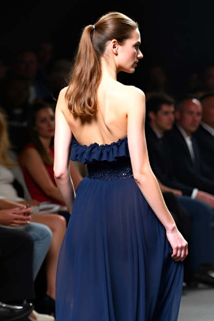 Navy Strapless A Line Sequined Long Formal Dress with Ruffles