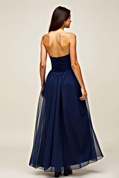Navy Strapless Sweetheart A Line Ruffled Long Formal Dress