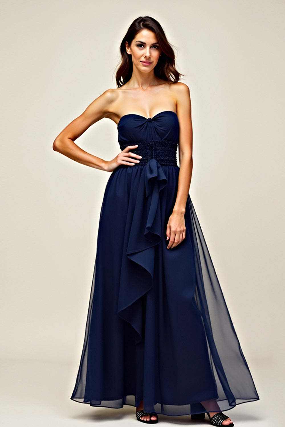 Leely Women Navy A Line Sweetheart Ruffle Formal Dress Strapless Tulle Backless Long Wedding Guest Dress