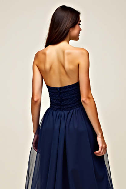 Navy Strapless Sweetheart A Line Ruffled Long Formal Dress