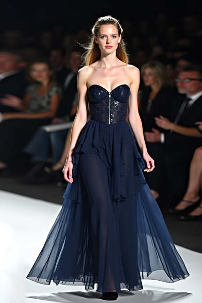 Leely Women Flowy Navy Sweetheart Gala Dress A Line Ruffled Corset Backless Pleated Long Formal Dress