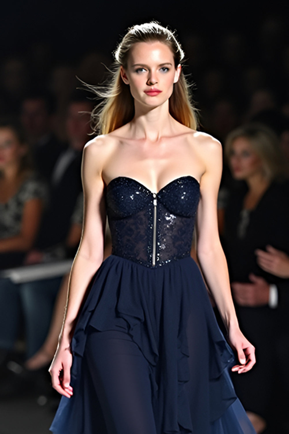 Flowy Navy Sweetheart Corset A Line Long Formal Dress