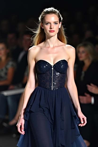 Flowy Navy Sweetheart Corset A Line Long Formal Dress