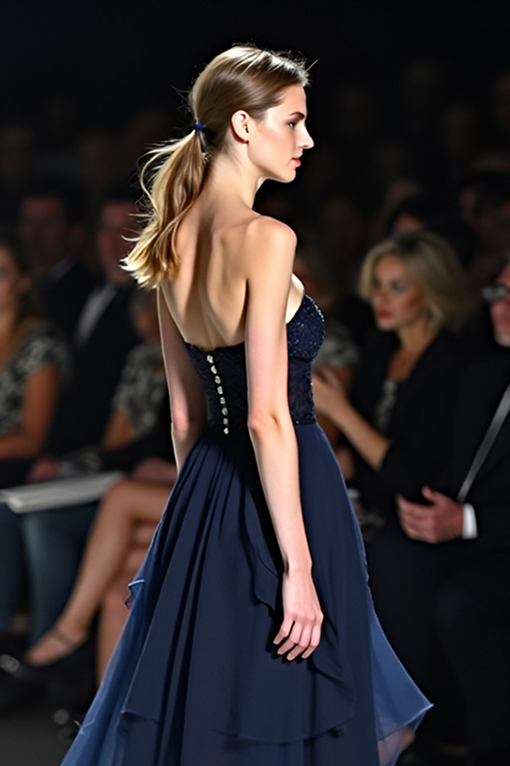 Flowy Navy Sweetheart Corset A Line Long Formal Dress