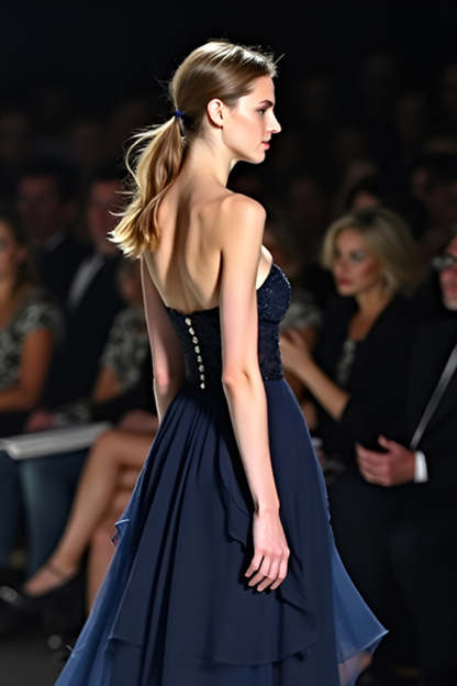 Flowy Navy Sweetheart Corset A Line Long Formal Dress