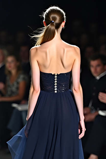 Flowy Navy Sweetheart Corset A Line Long Formal Dress