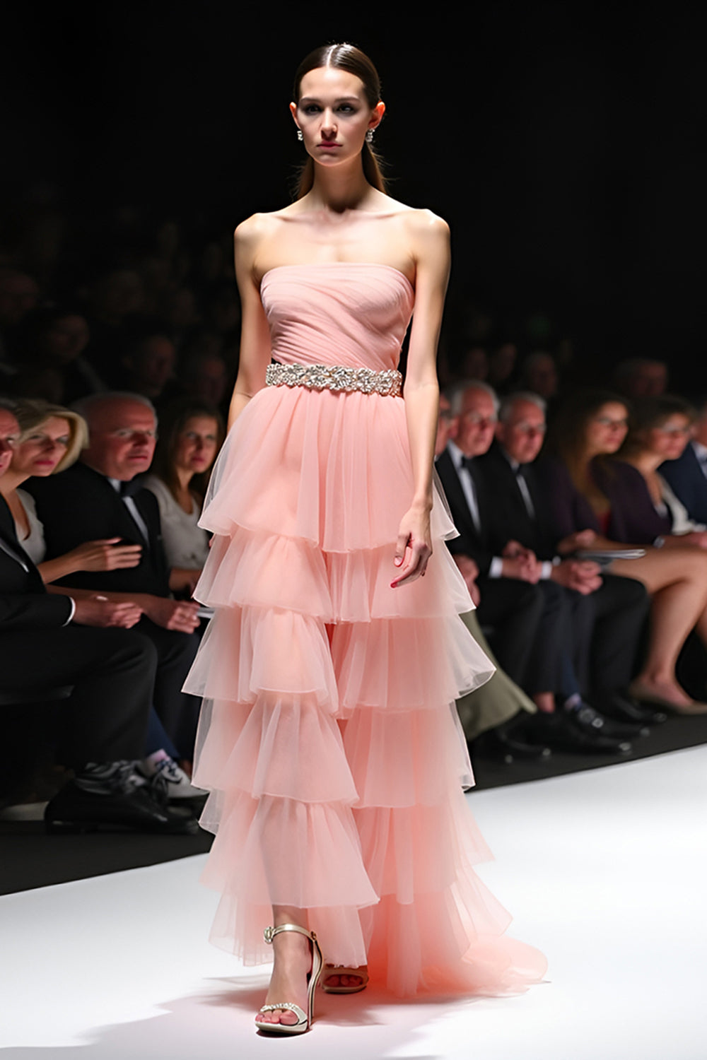 Blush A Line Tiered Flowy Long Formal Dress with Belt