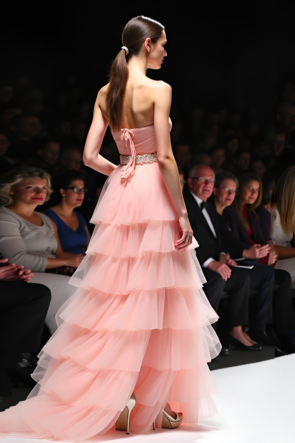Blush A Line Tiered Flowy Long Formal Dress with Belt