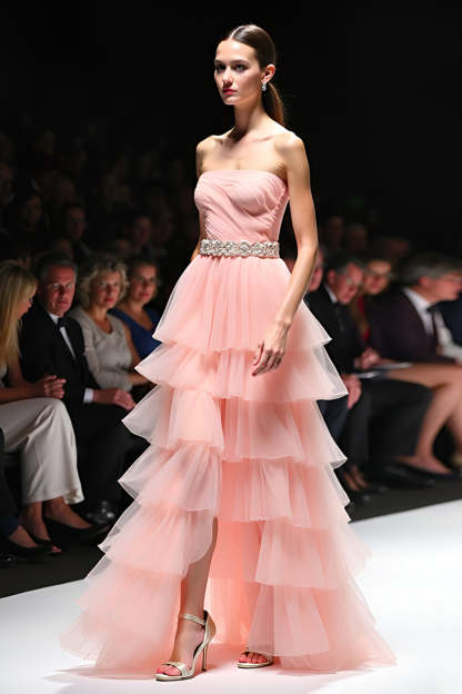 Blush A Line Tiered Flowy Long Formal Dress with Belt