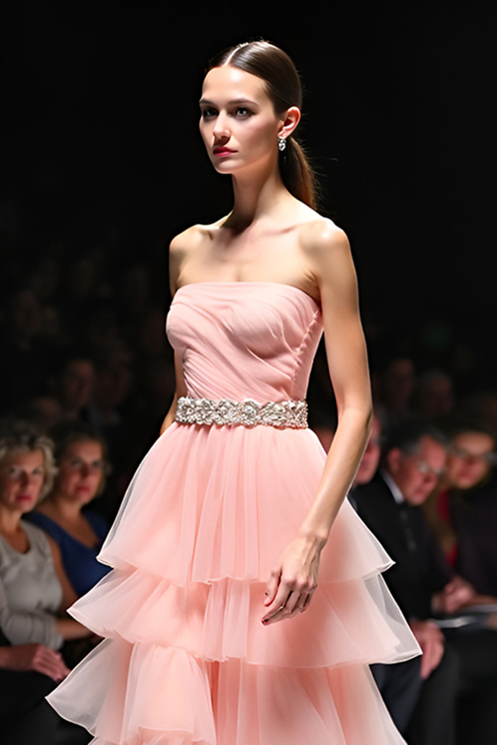 Blush A Line Tiered Flowy Long Formal Dress with Belt