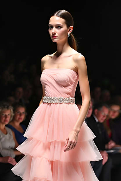 Blush A Line Tiered Flowy Long Formal Dress with Belt