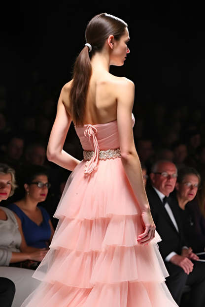 Blush A Line Tiered Flowy Long Formal Dress with Belt