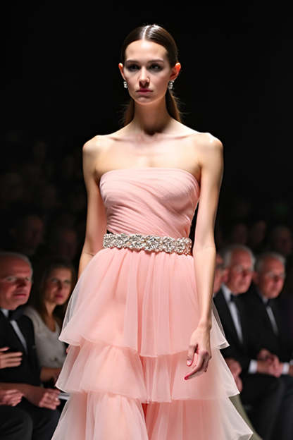 Blush A Line Tiered Flowy Long Formal Dress with Belt