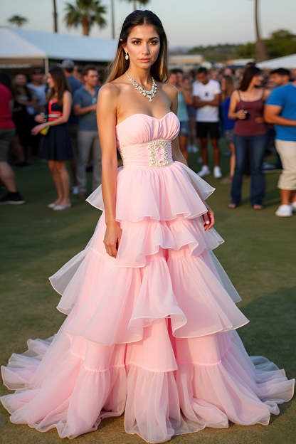 Blush Ball Gown Tiered Flowy Floor Length Formal Dress
