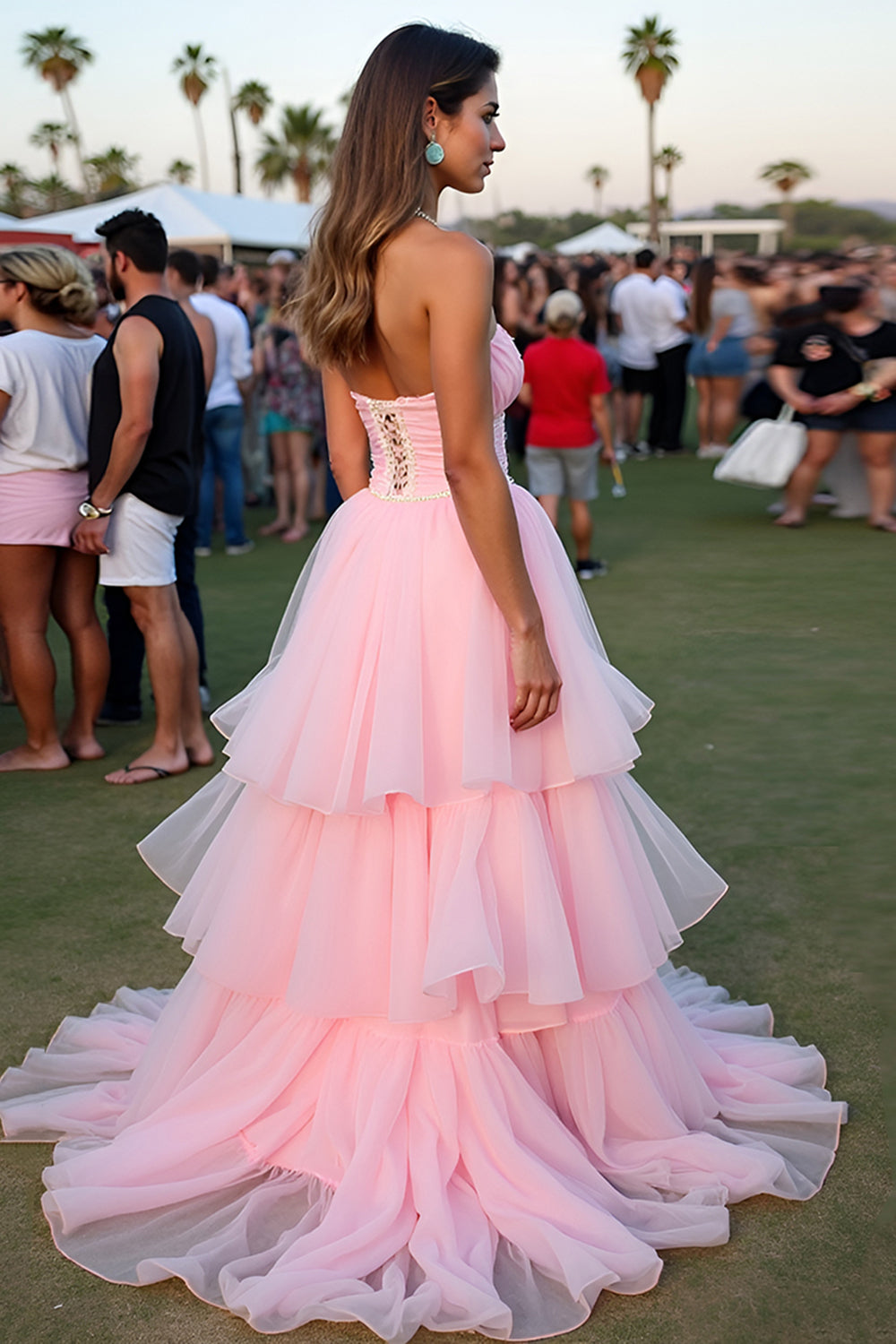 Blush Ball Gown Tiered Flowy Floor Length Formal Dress