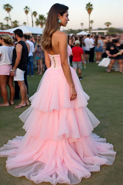 Blush Ball Gown Tiered Flowy Floor Length Formal Dress