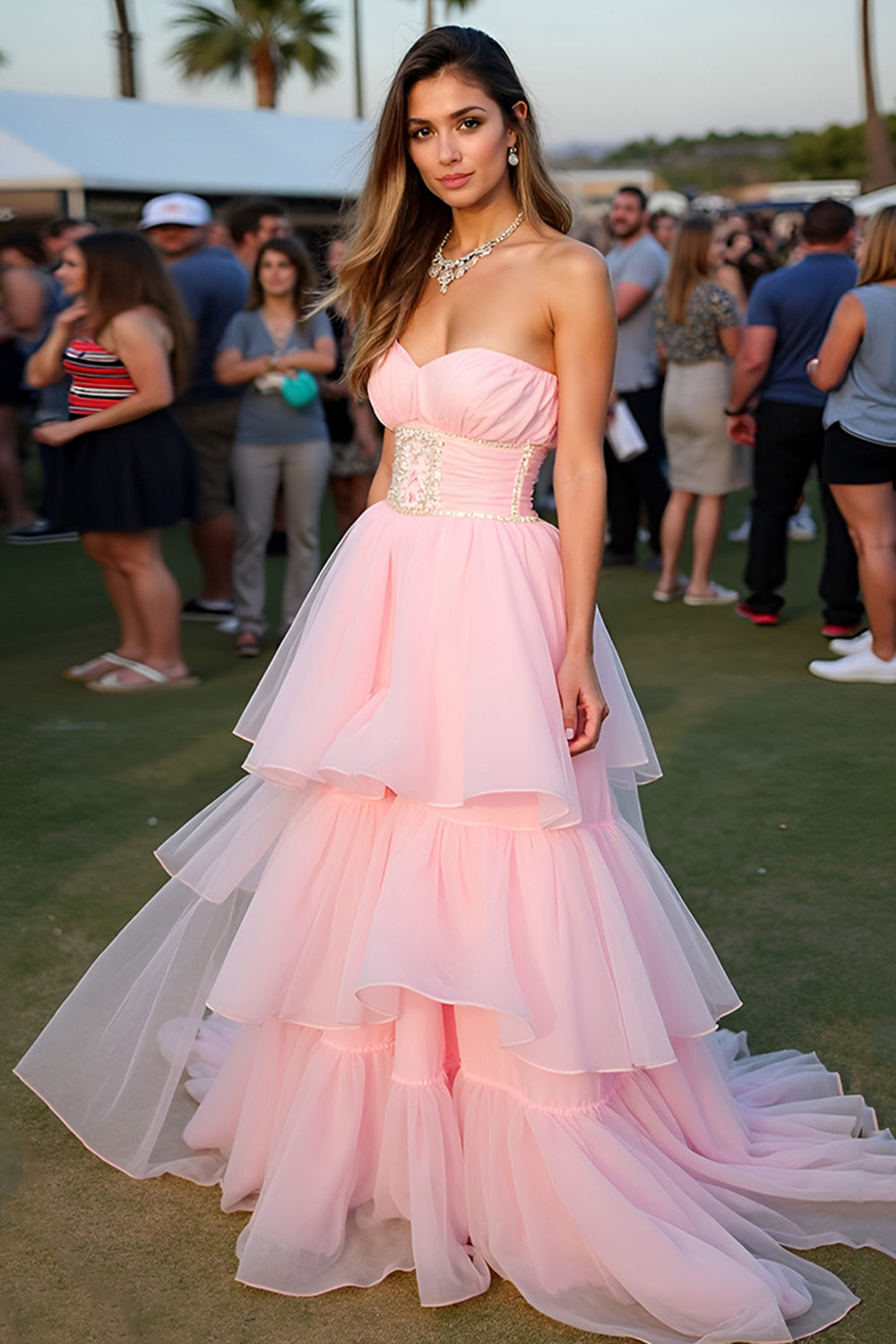 Leely Women Blush Ball Gown Tiered Flowy Formal Dress A Line Sweetheart Ruffled Long Prom Dress