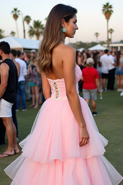 Blush Ball Gown Tiered Flowy Floor Length Formal Dress