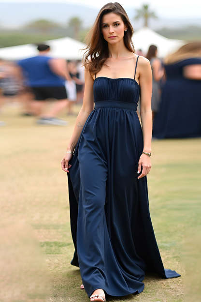 Leely Women Navy A Line Spaghetti Straps Satin Formal Dress Square Neck Backless Pleated Long Wedding Guest Dress
