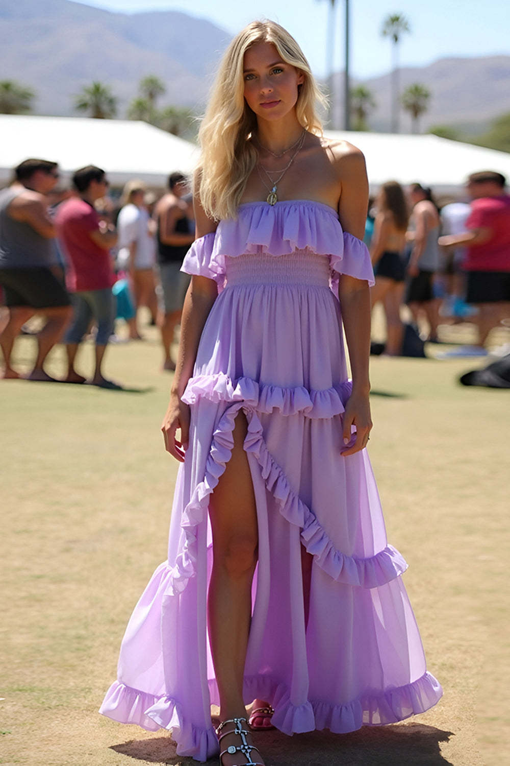 Leely Women Lilac Ruffled Chiffon Formal Dress with Slit A Line Off the Shoulder Long Wedding Guest Dress