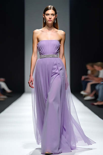 Leely Women Lilac Strapless A Line Gala Dress with Belt Square Neck Backless Beading Long Formal Dress