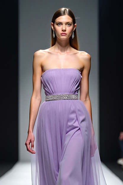 Lilac Strapless A Line Long Formal Dress with Belt
