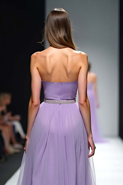 Lilac Strapless A Line Long Formal Dress with Belt