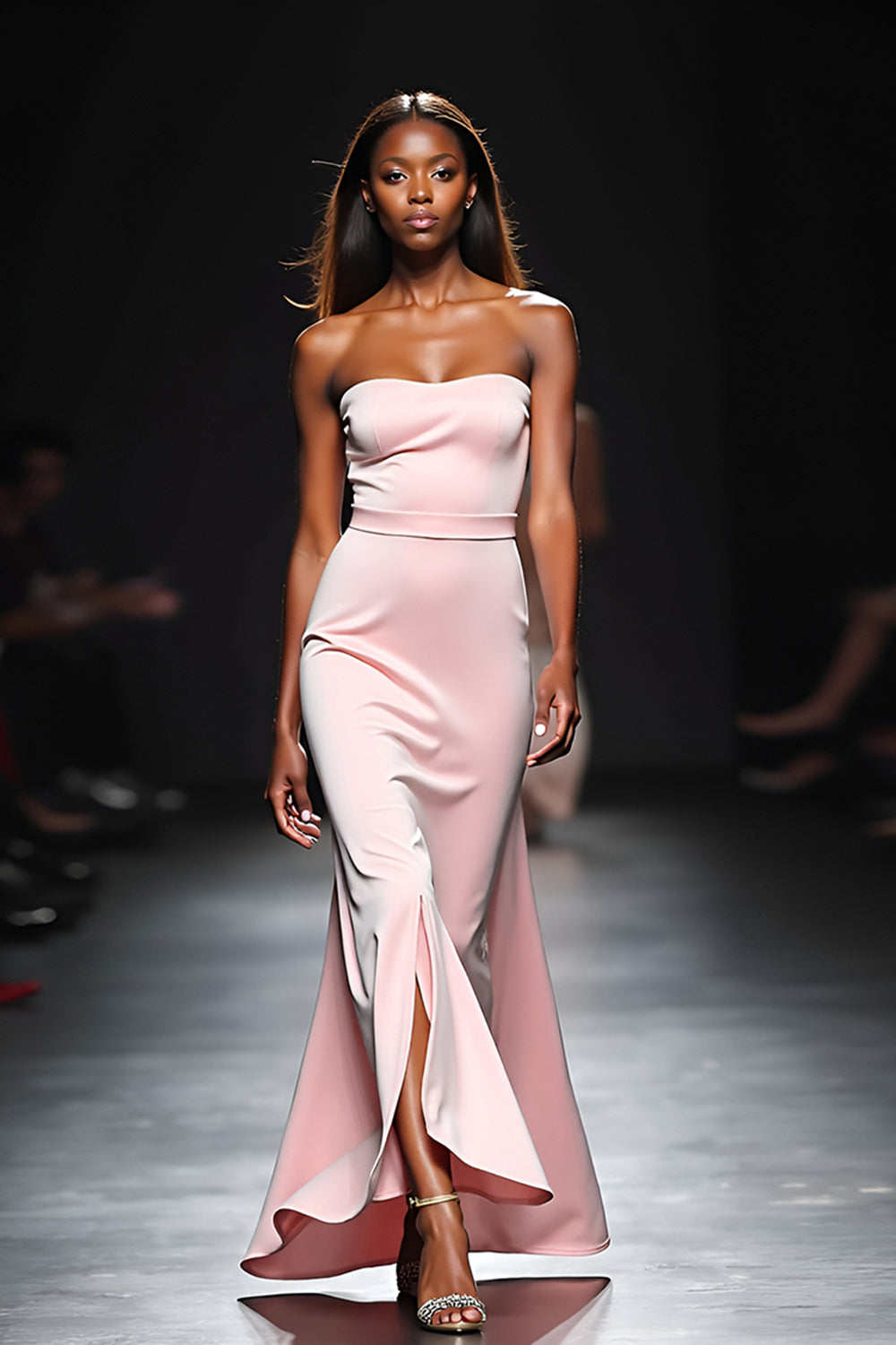 Leely Women Square Neck Blush Satin Sheath Gala Dress Strapless Backless Long Formal Dress