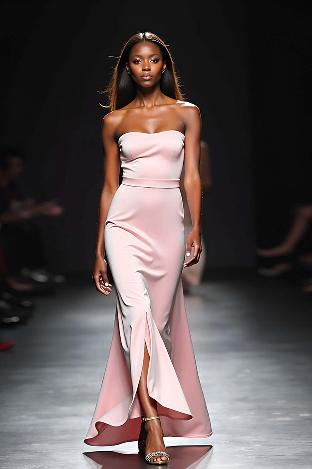 Leely Women Square Neck Blush Satin Sheath Gala Dress Strapless Backless Long Formal Dress