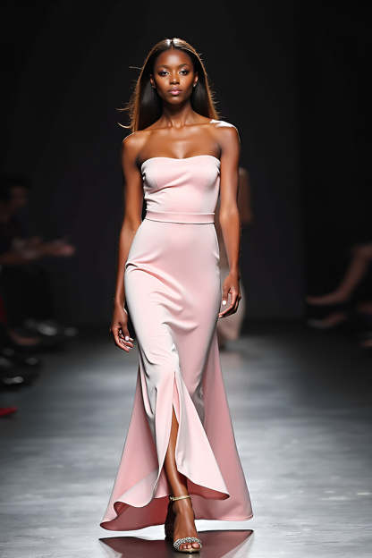 Leely Women Square Neck Blush Satin Sheath Gala Dress Strapless Backless Long Formal Dress