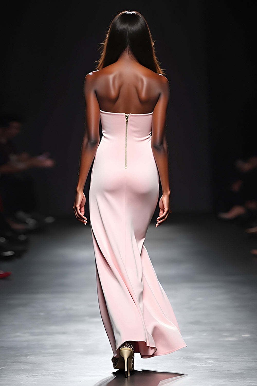 Square Neck Blush Strapless Satin Sheath Long Formal Dress