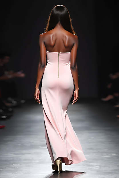 Square Neck Blush Strapless Satin Sheath Long Formal Dress