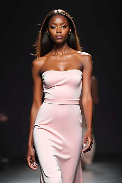 Square Neck Blush Strapless Satin Sheath Long Formal Dress