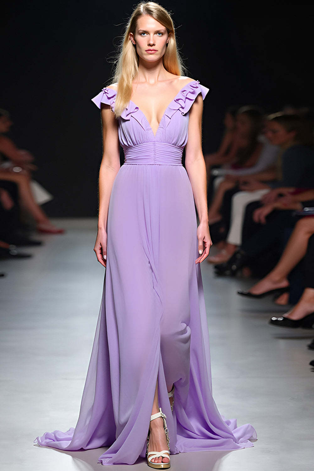 Leely Women Lilac V-Neck Flowy Chiffon A Line Formal Dress with Ruffles Elegant Floor Length Wedding Guest Dress