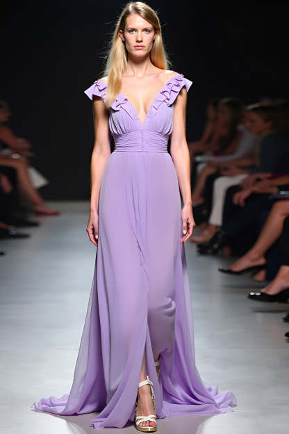 Leely Women Lilac V-Neck Flowy Chiffon A Line Formal Dress with Ruffles Elegant Floor Length Wedding Guest Dress