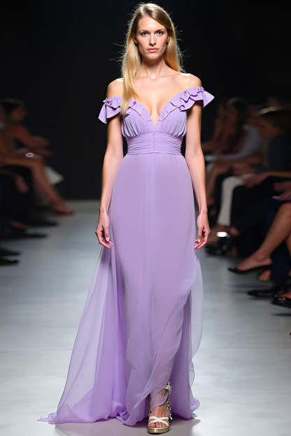 Lilac A Line V-Neck Flowy Chiffon Floor Length Formal Dress with Ruffles
