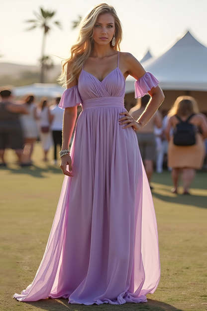 Leely Women Lilac A Line Pleated Chiffon Formal Dress with Ruffles Elegant Spaghetti Straps Long Flowy Wedding Guest Dress