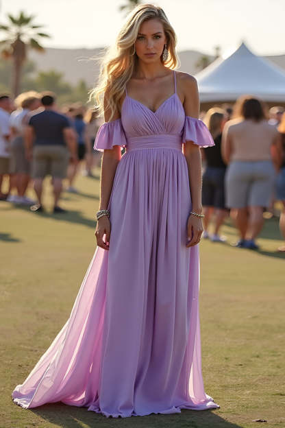Lilac A Line Spaghetti Straps Pleated Chiffon Formal Dress with Ruffles