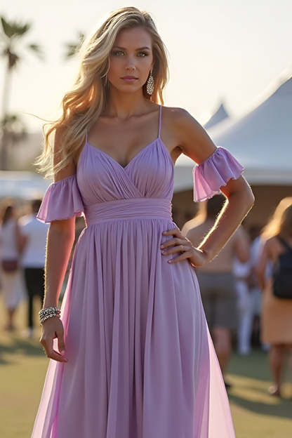 Lilac A Line Spaghetti Straps Pleated Chiffon Formal Dress with Ruffles