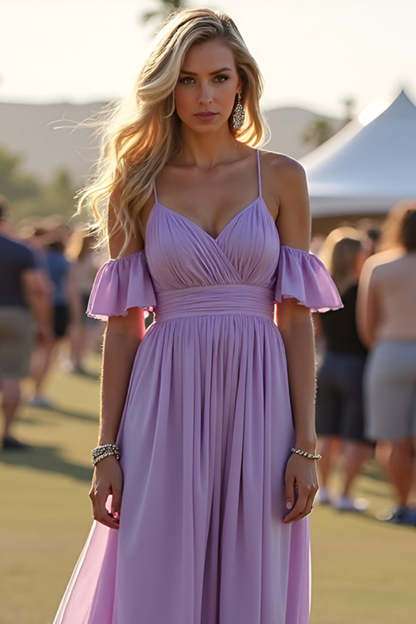 Lilac A Line Spaghetti Straps Pleated Chiffon Formal Dress with Ruffles