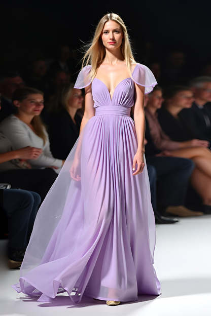 Leely Women Lilac V-Neck Pleated Flowy Formal Dress Elegant A Line Cap Sleeves Long Wedding Guest Dress